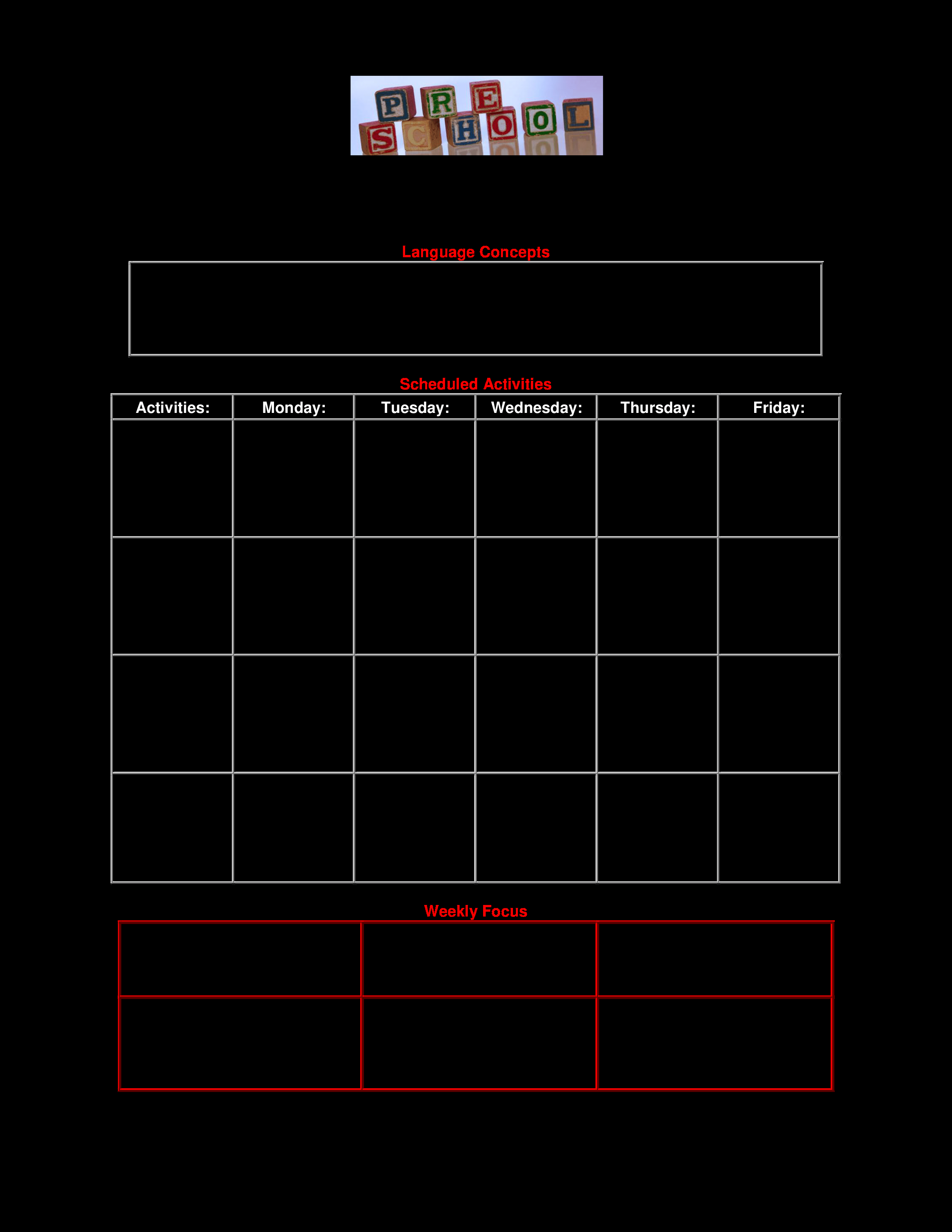 Kostenloses Blank Preschool Lesson Plan Inside Blank Preschool Lesson Plan Template