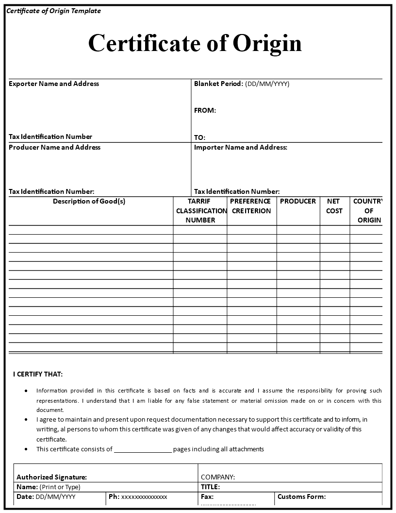 Kostenloses Certificate Of Origin Template