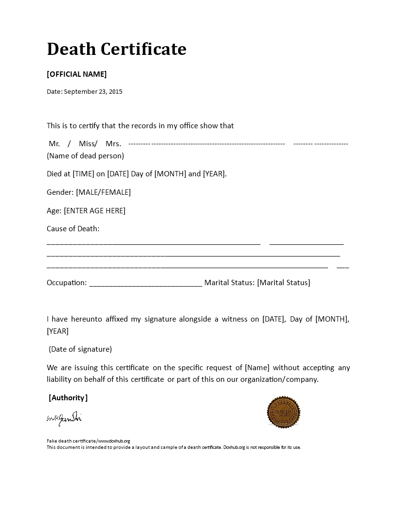 Kostenloses Death Certificate Inside Fake Death Certificate Template