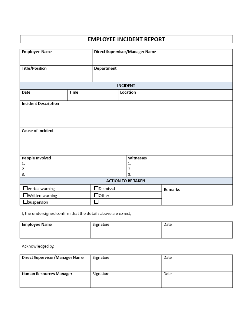 Kostenloses Employee Incident Report Template With Employee Incident Report Templates