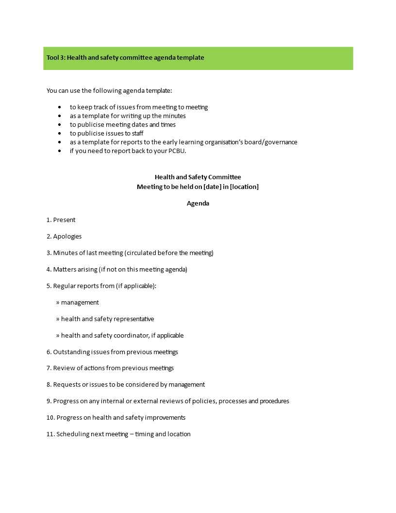 Kostenloses Health and Safety Committee Meeting Agenda Throughout Health And Safety Board Report Template