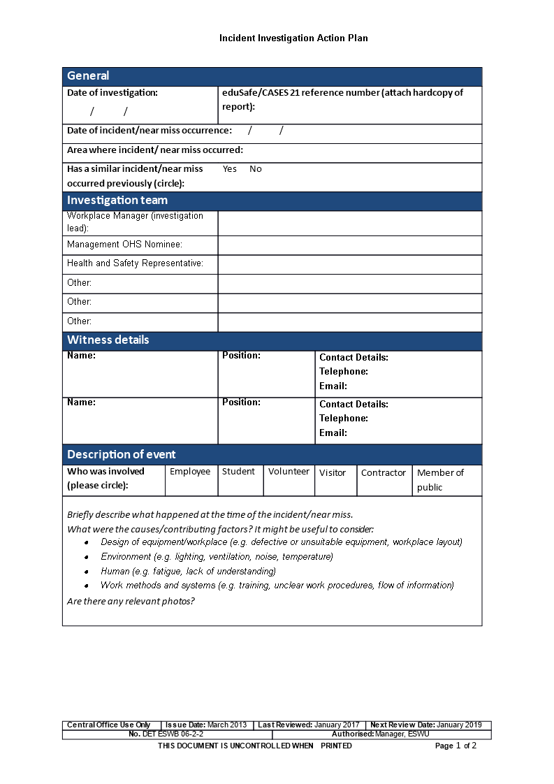 Kostenloses Incident Investigation Action Plan In Ohs Incident Report Template Free