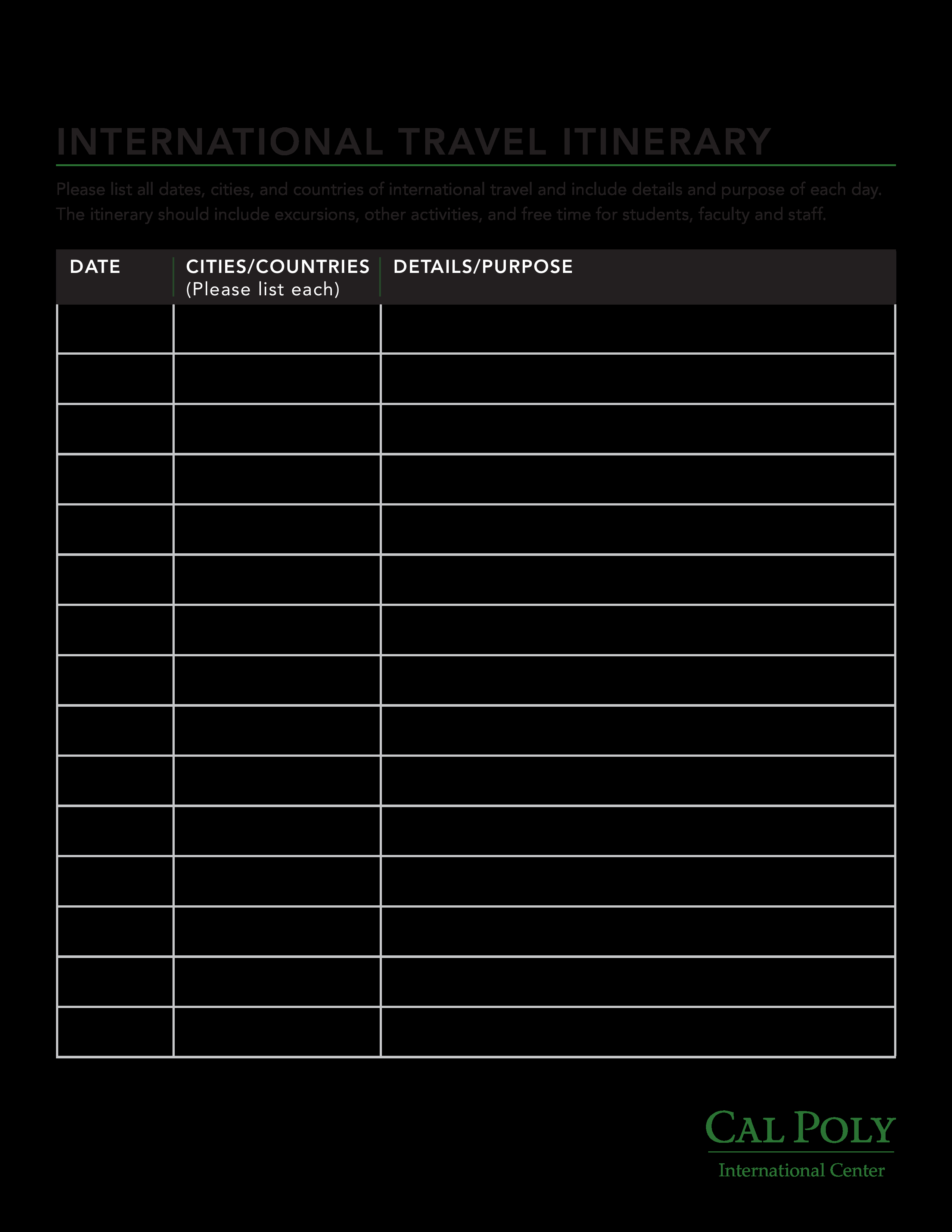 Kostenloses International Itinerary In Blank Trip Itinerary Template