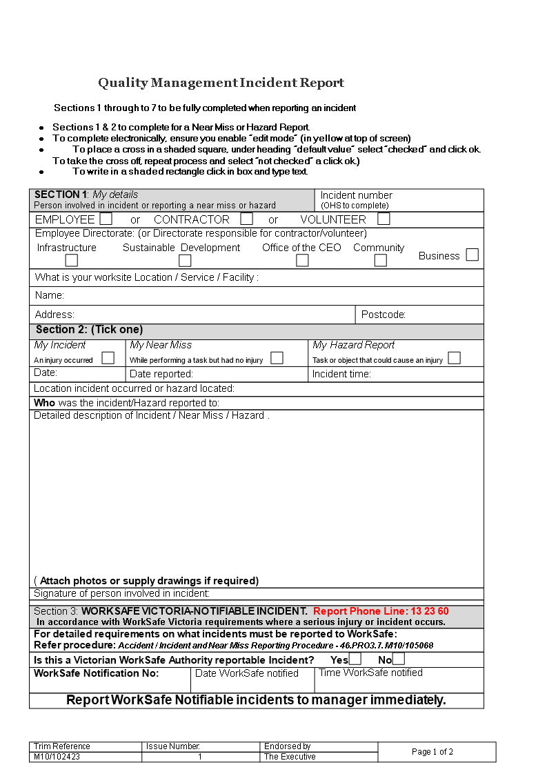 Kostenloses Quality Management Incident Report Inside Hazard Incident Report Form Template