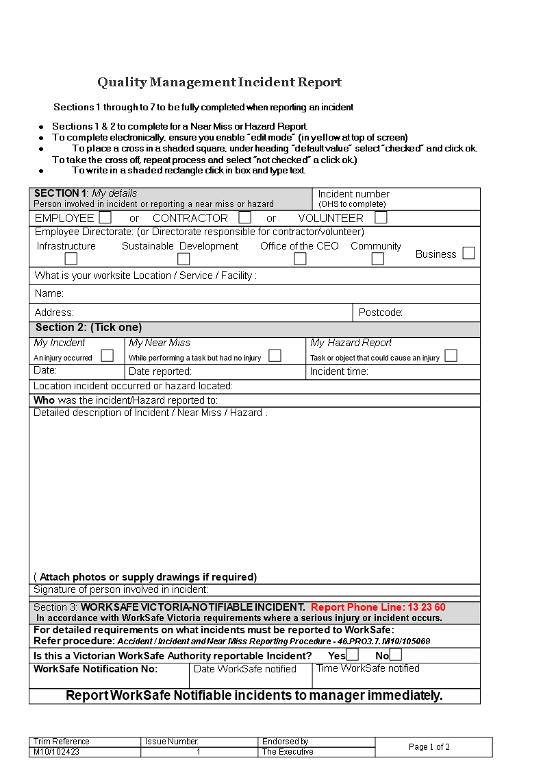 Kostenloses Quality Management Incident Report Pertaining To Ohs Incident Report Template Free