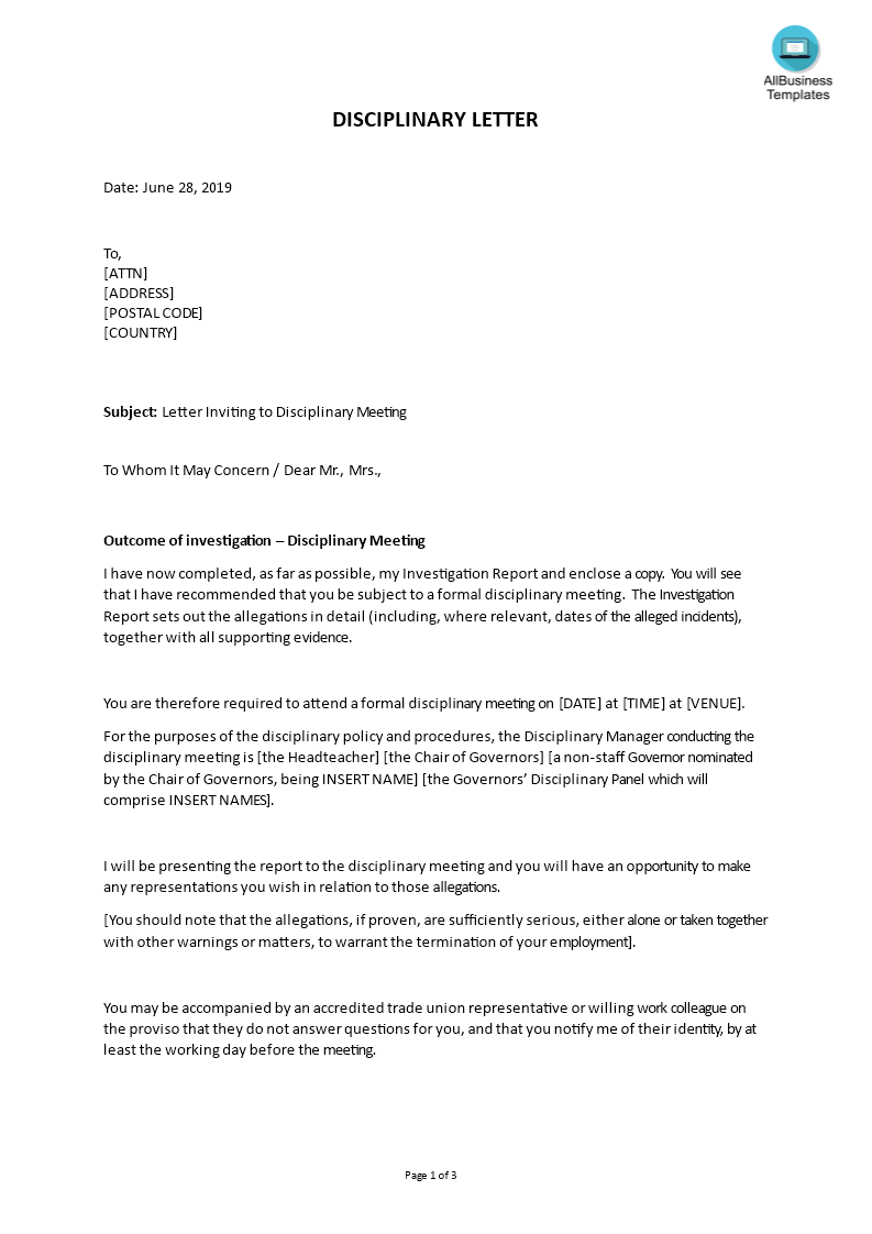 Kostenloses Sample Letter Inviting to Disciplinary Meeting Intended For Investigation Report Template Disciplinary Hearing