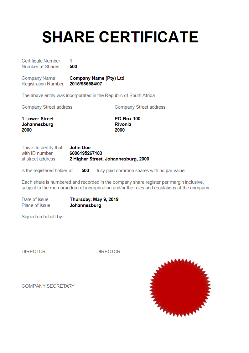 Kostenloses stock certificate template sample In Shareholding Certificate Template