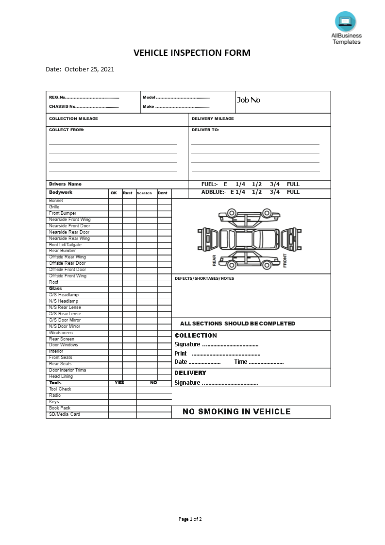 Kostenloses Vehicle Inspection Form Inside Vehicle Inspection Report Template