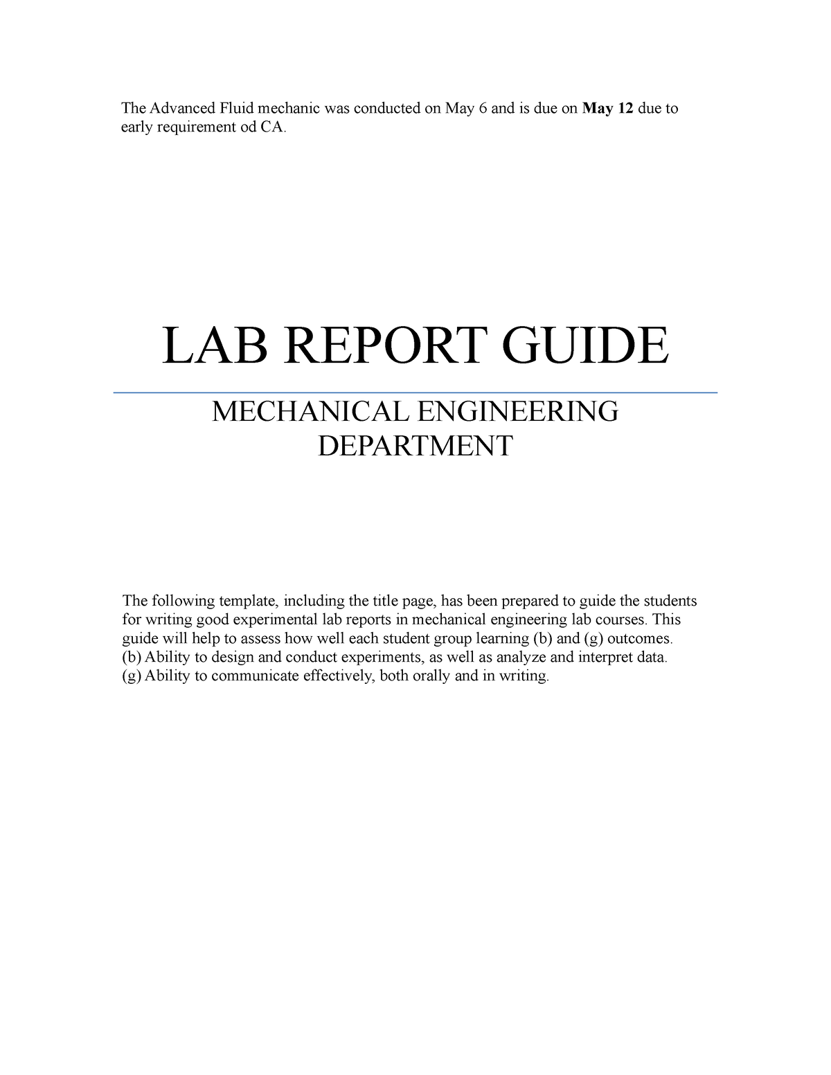 Lab Report Template - The Advanced Fluid mechanic was conducted on  Pertaining To Engineering Lab Report Template