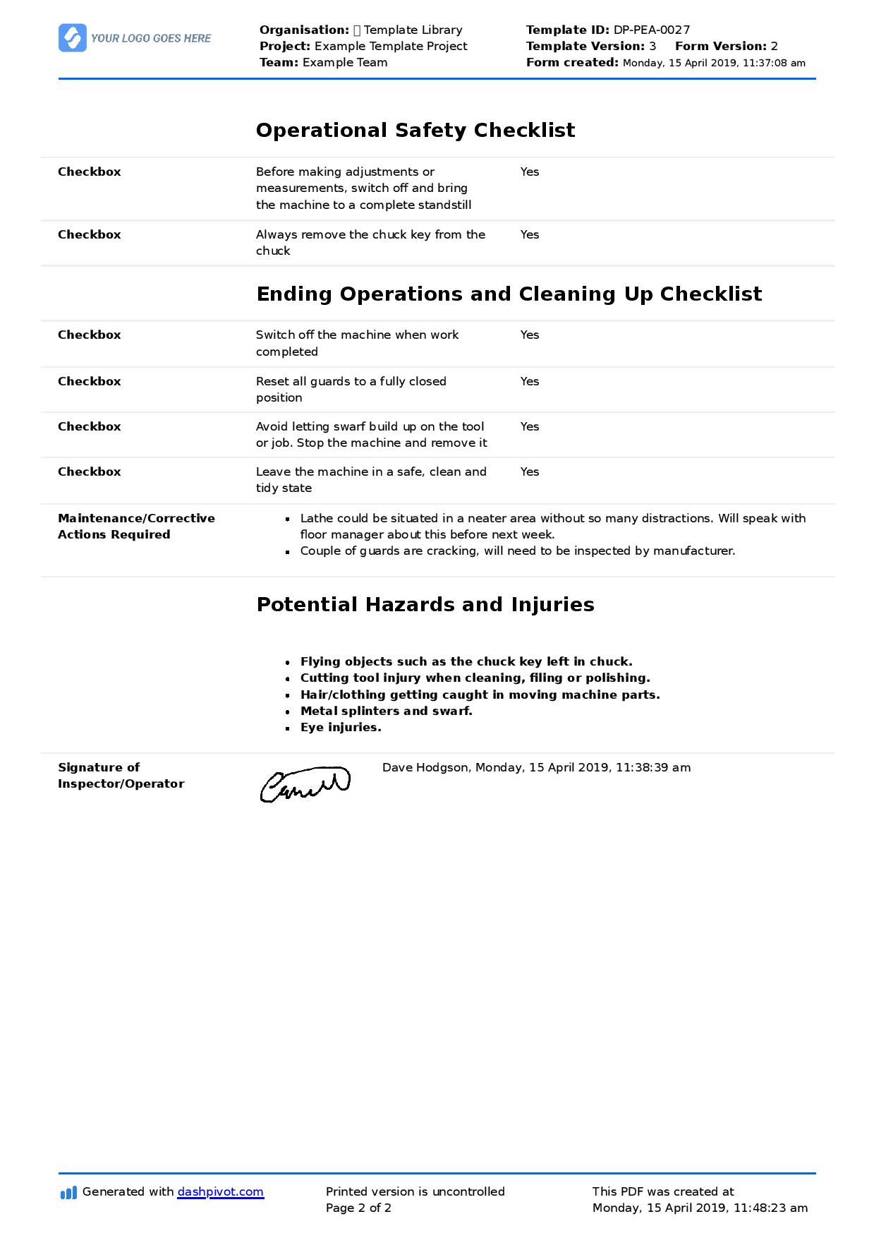 Lathe Machine Inspection Checklist (Free and flexible template) Intended For Machine Shop Inspection Report Template