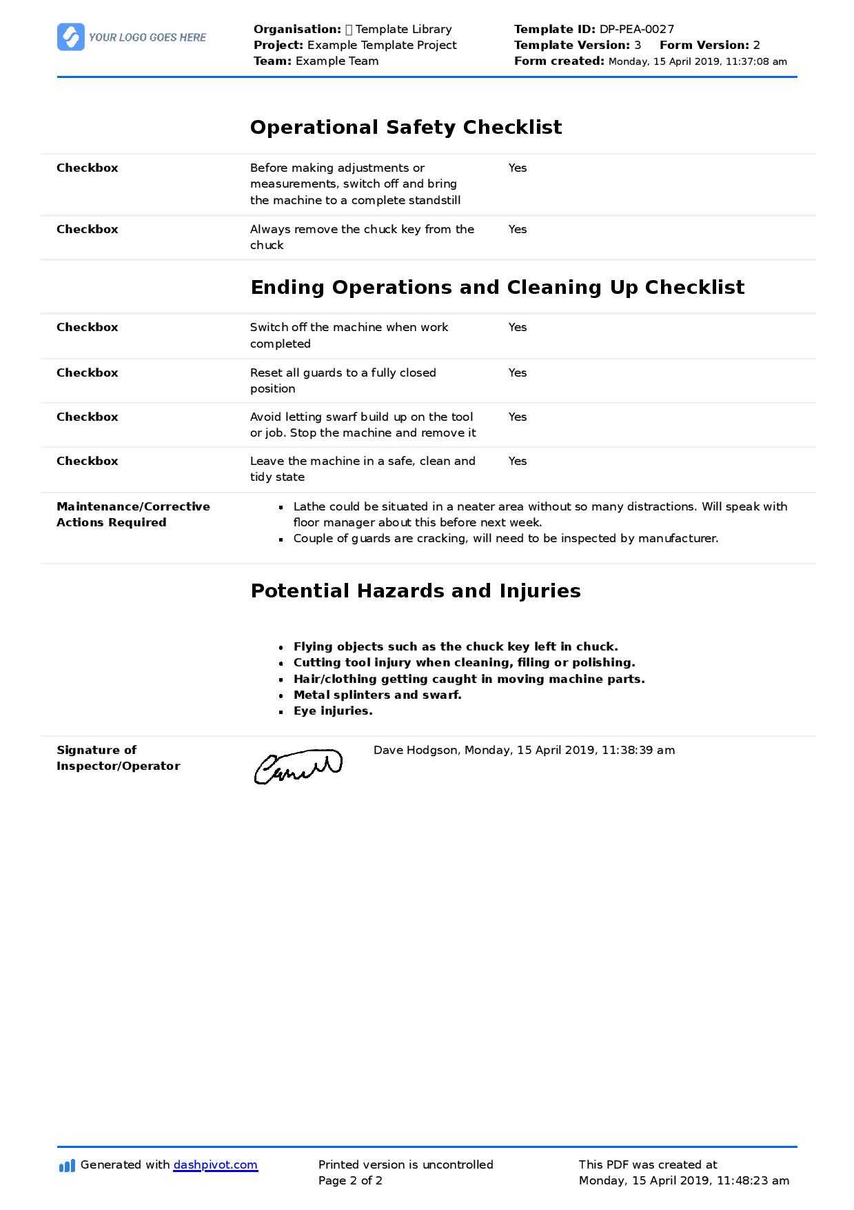 Lathe Machine Inspection Checklist (Free And Flexible Template) Intended For Machine Shop Inspection Report Template