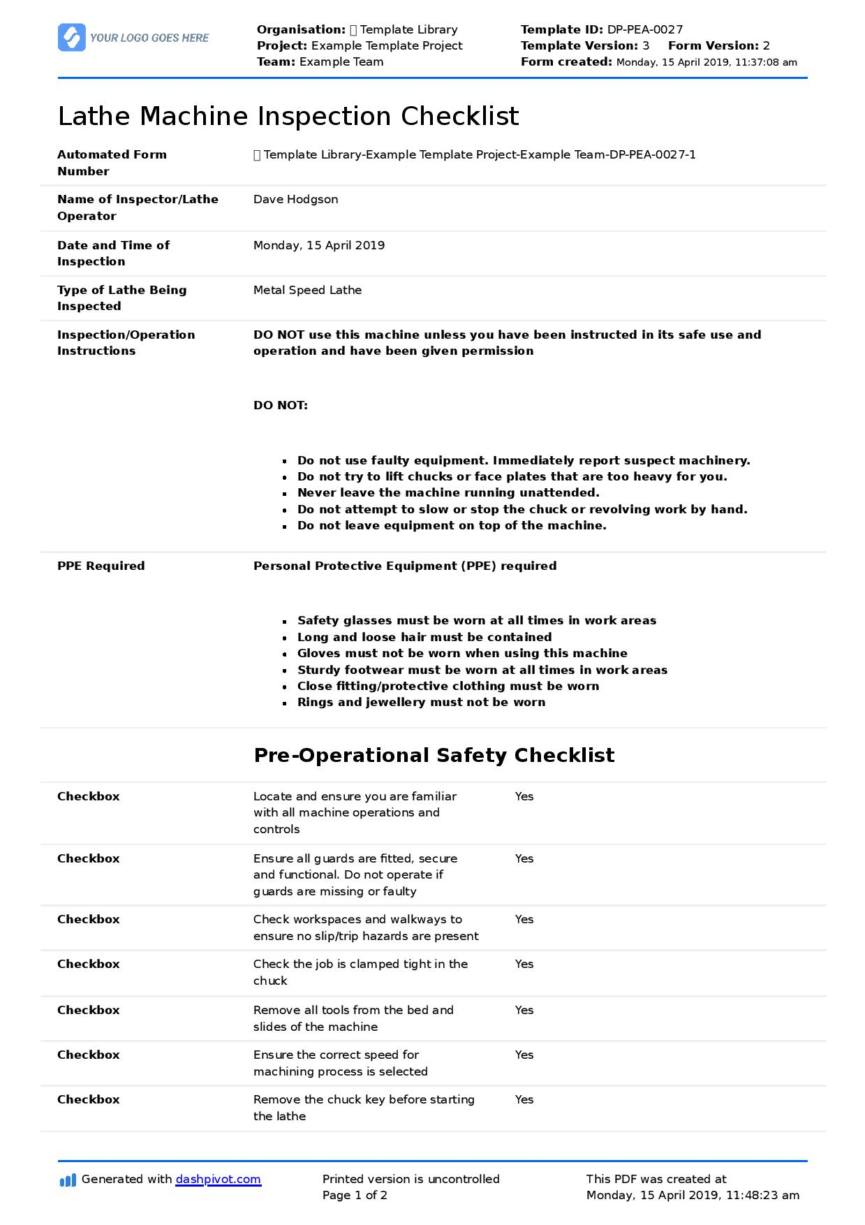 Lathe Machine Inspection Checklist (Free and flexible template) With Regard To Machine Shop Inspection Report Template