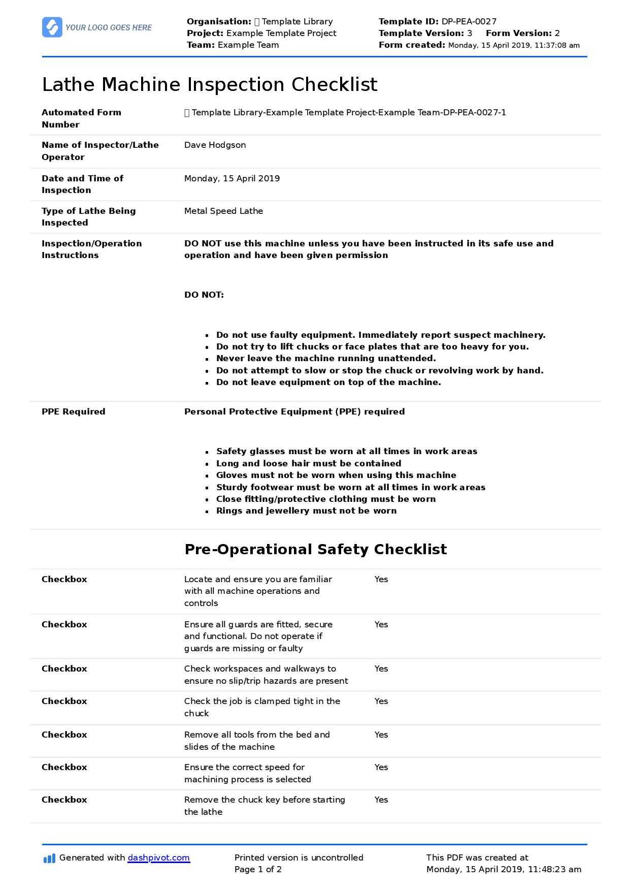 Lathe Machine Inspection Checklist (Free And Flexible Template) With Regard To Machine Shop Inspection Report Template