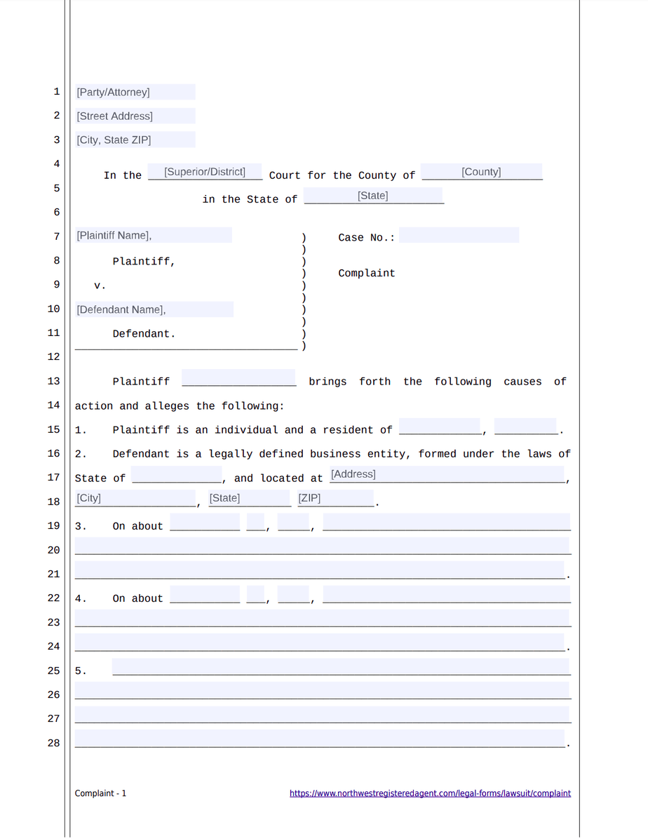 LAWSUIT COMPLAINT - Free Template and How to Guide Regarding Blank Legal Document Template