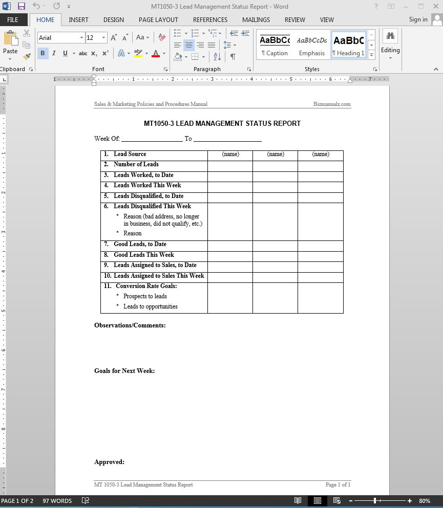 Lead Management Status Report Template For Sales Lead Report Template