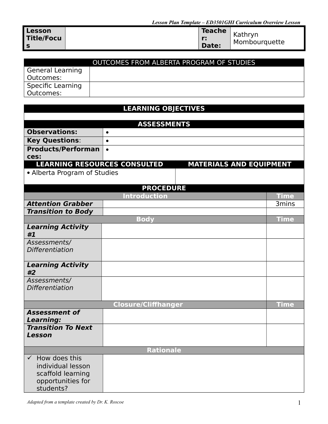 LESSON PLAN TEMPLATE By Kathrynm · Ninja Plans Pertaining To Blank Unit Lesson Plan Template