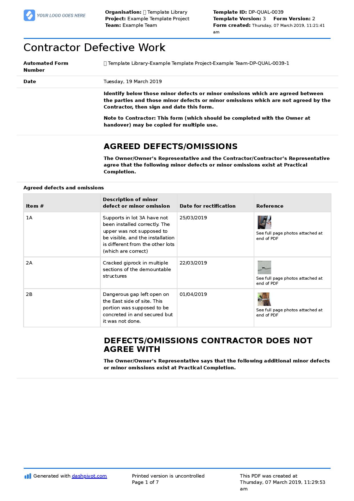 Letter to contractor for defective work: Sample letter and template In Construction Deficiency Report Template