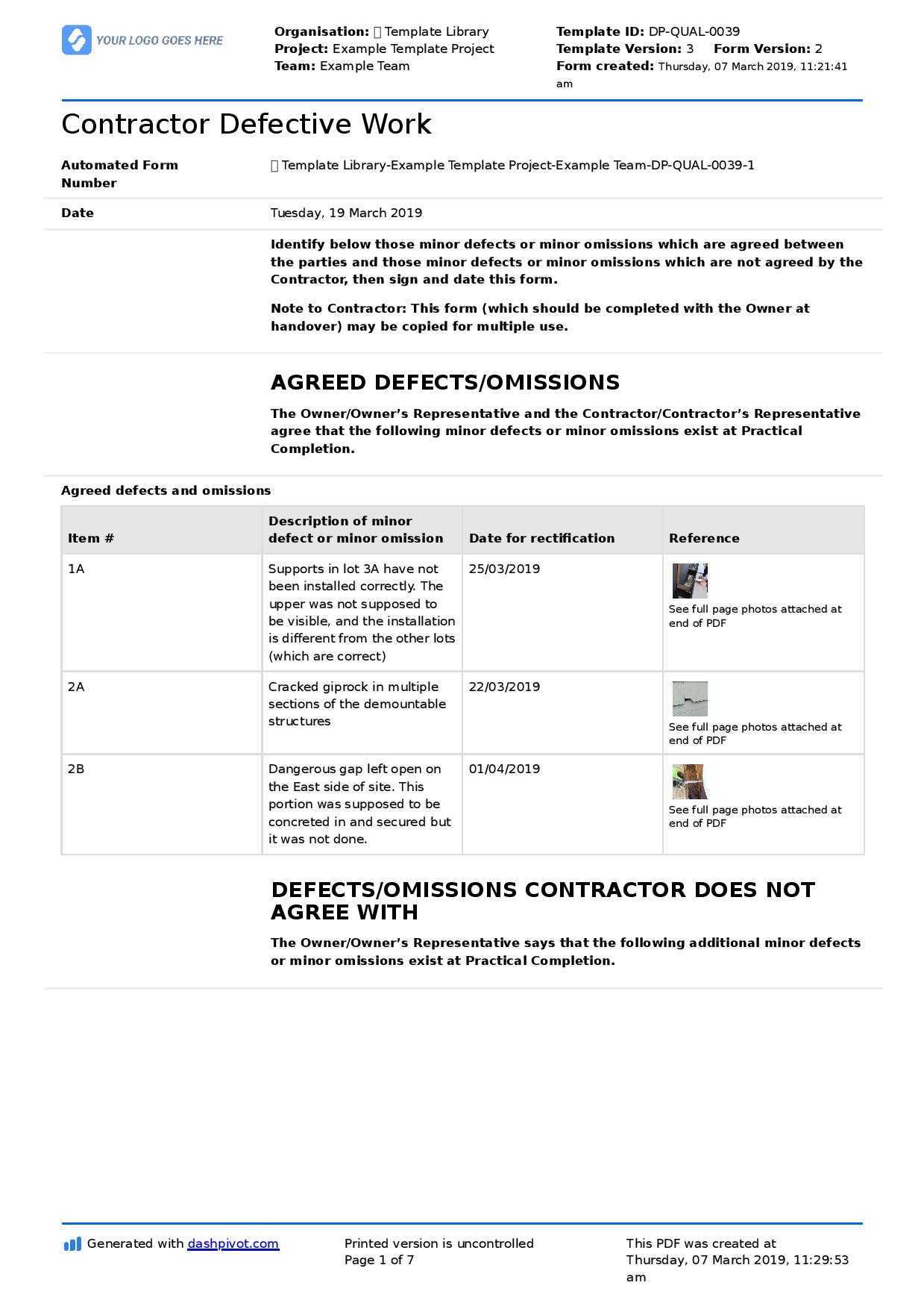 Letter to contractor for defective work: Sample letter and template In Construction Deficiency Report Template