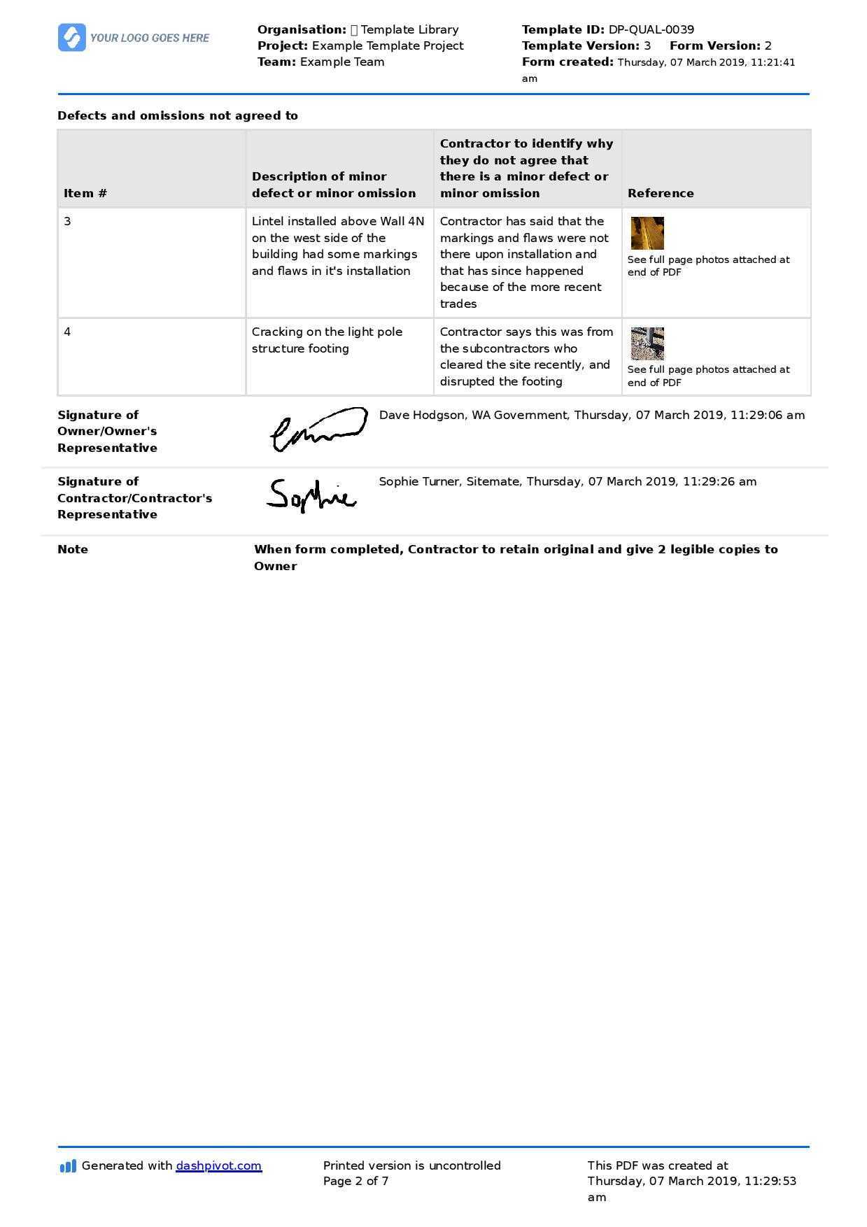 Letter to contractor for defective work: Sample letter and template In Construction Deficiency Report Template