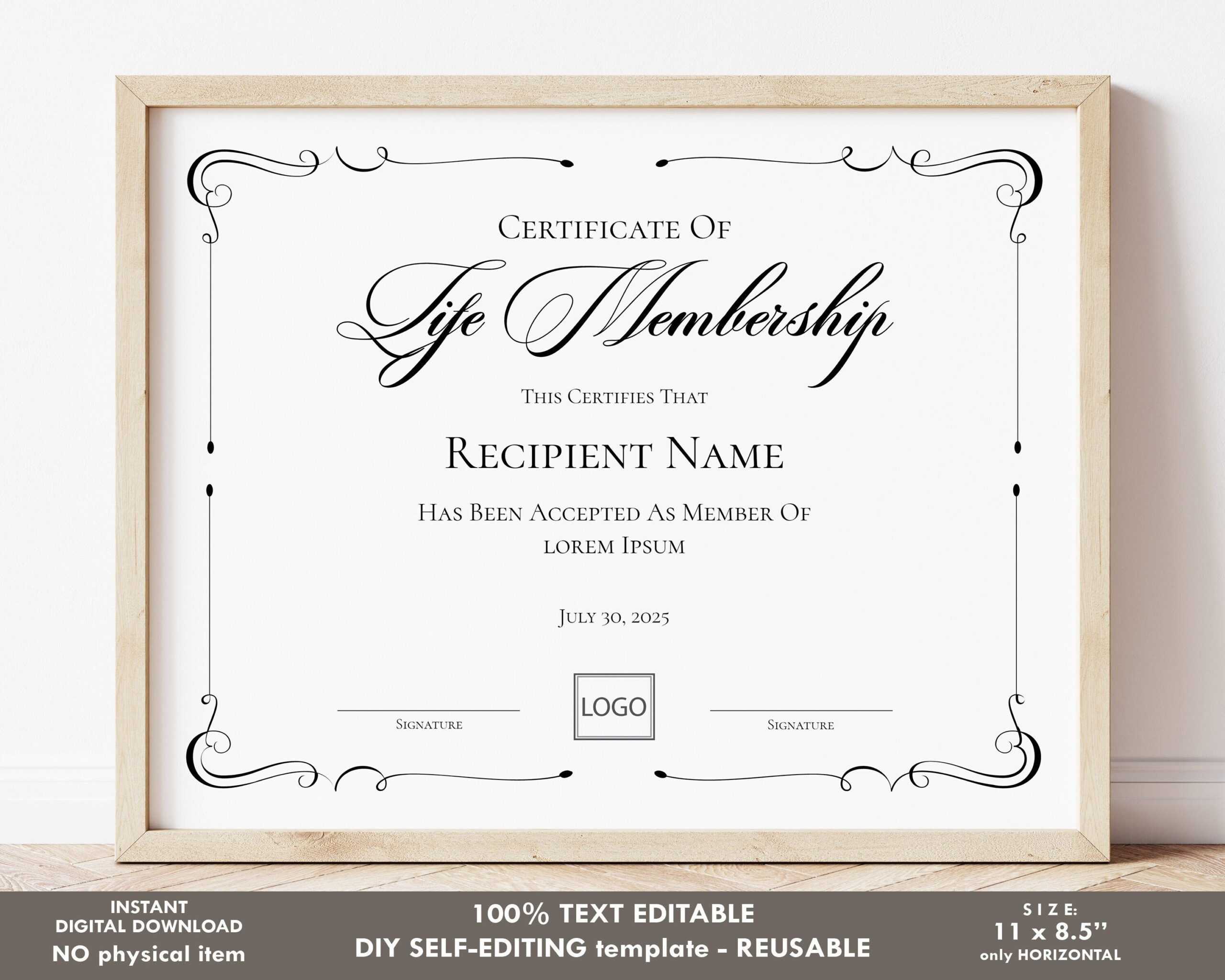 Life Membership Certificate Template Editable Printable – Etsy  Intended For New Member Certificate Template