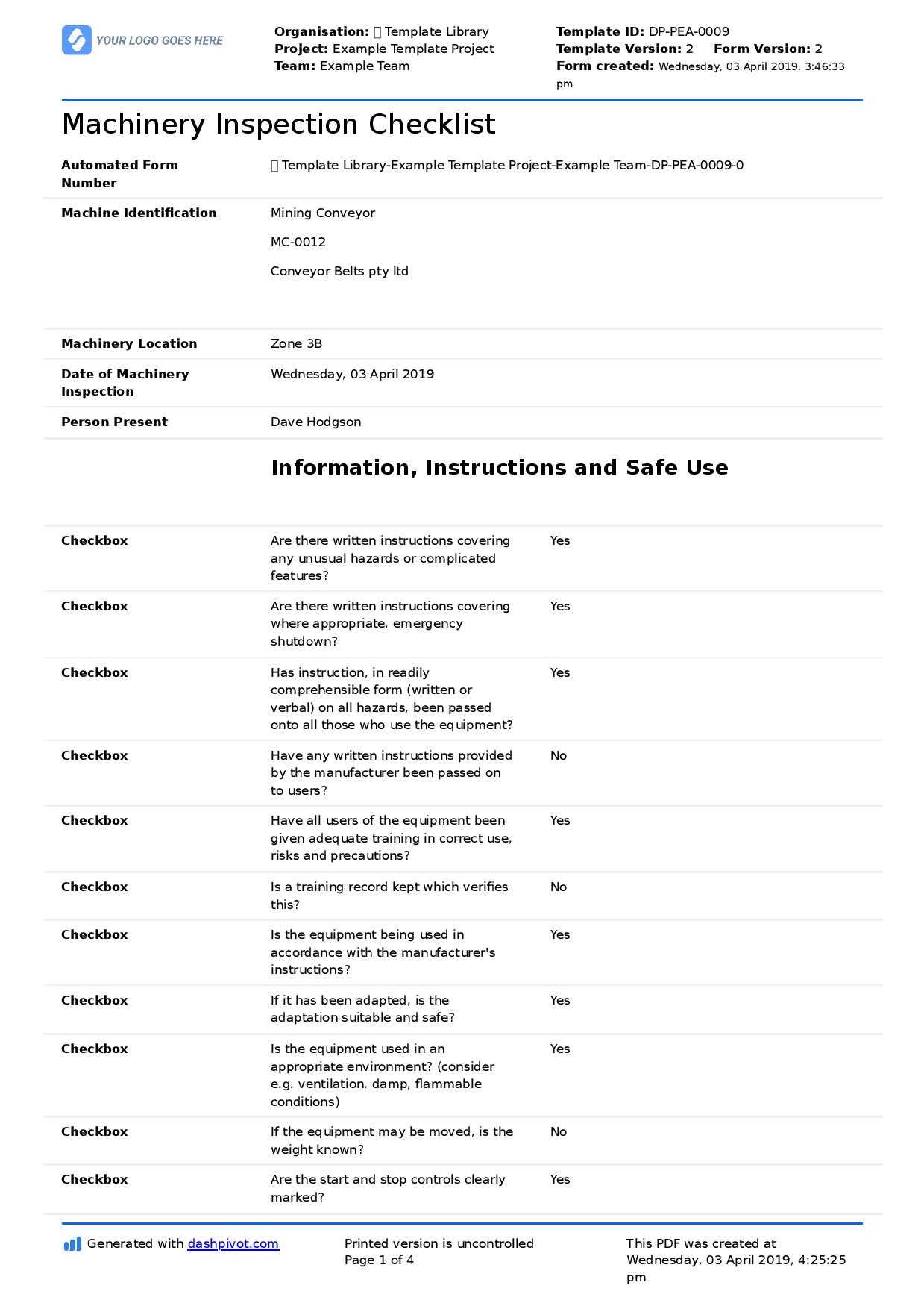 Machinery Inspection Checklist (For Heavy Machinery, Plant, Trucks  With Machine Shop Inspection Report Template