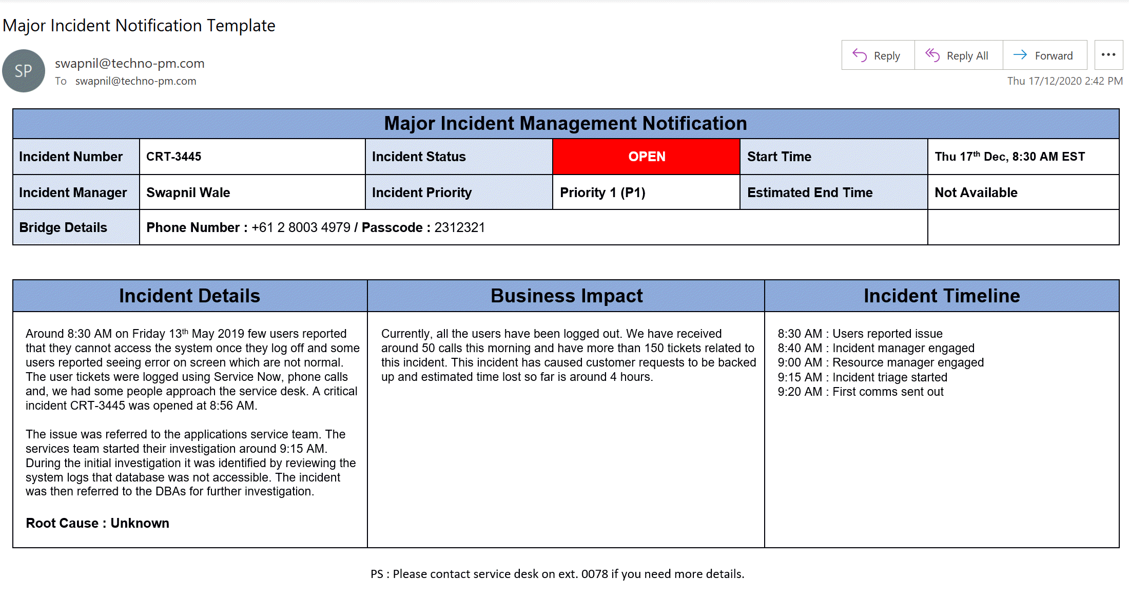 Major Incident Notification Template – ITIL Docs - ITIL Templates  Throughout Incident Report Template Itil