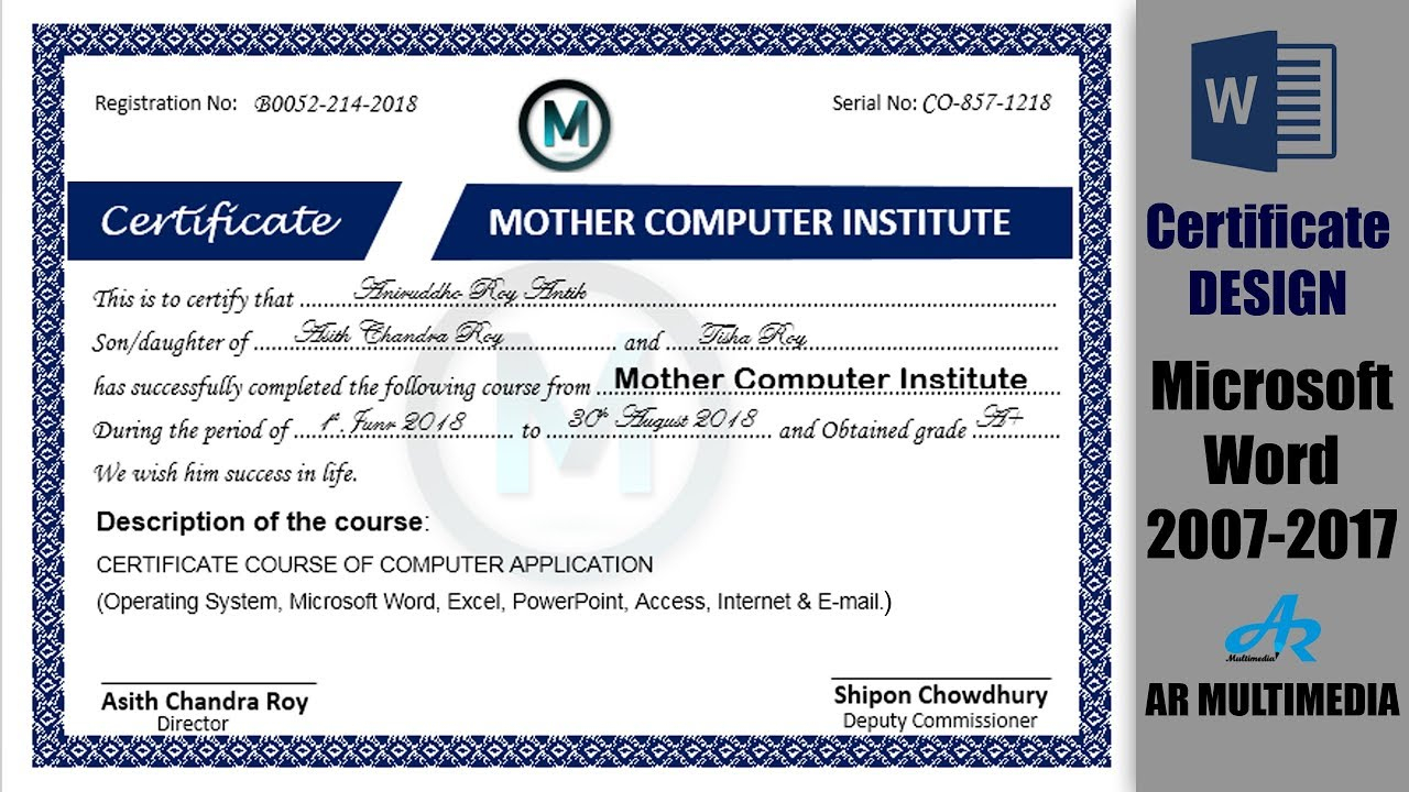 Making Design a Certificate in Word 10Best Certificate Design in  Microsoft Word 10 By Asith Roy Intended For Word 2013 Certificate Template