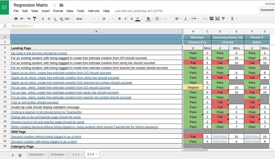 Manage regression testing with spreadsheets Intended For Software Test Report Template Xls