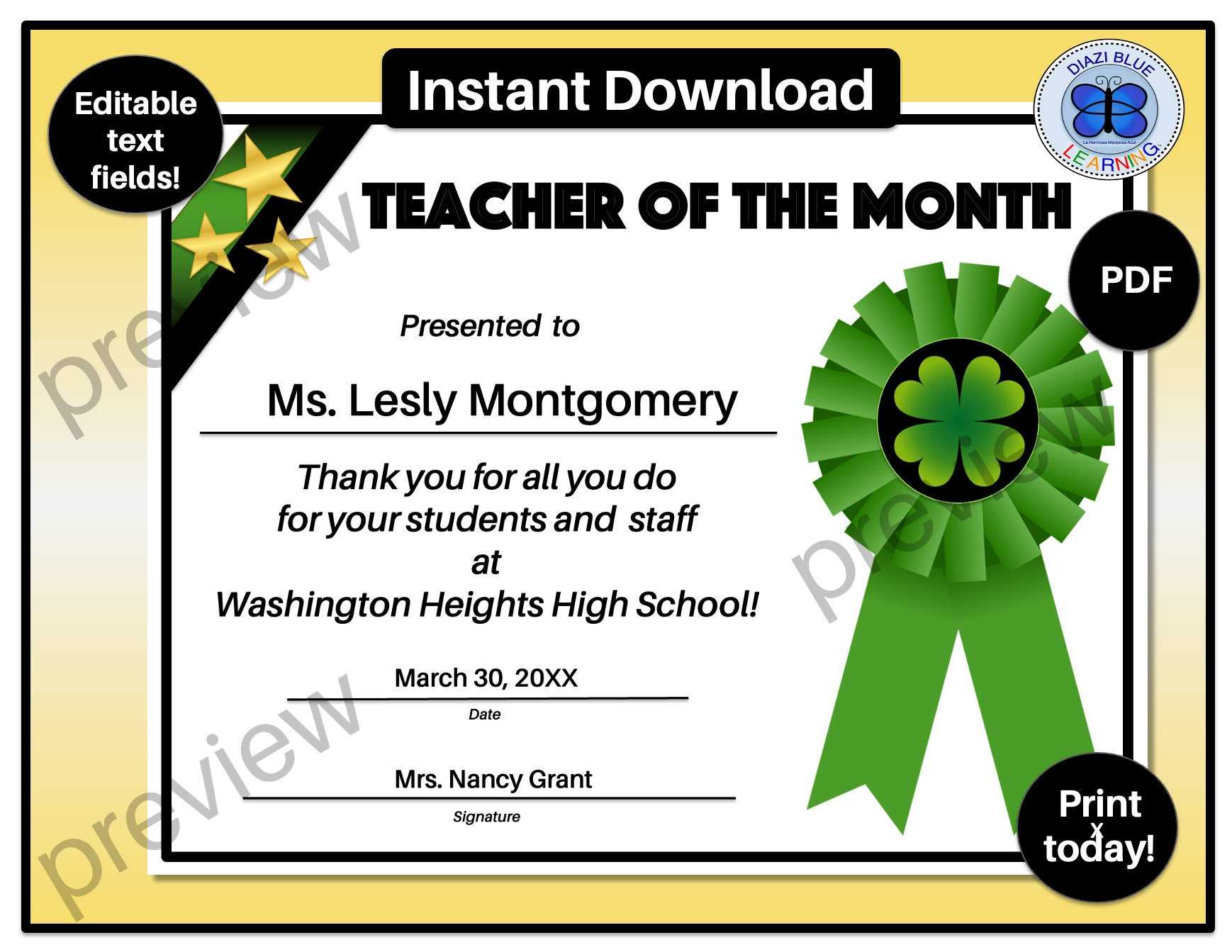 March Teacher of the Month Certificate March Teacher of the - Etsy For Teacher Of The Month Certificate Template