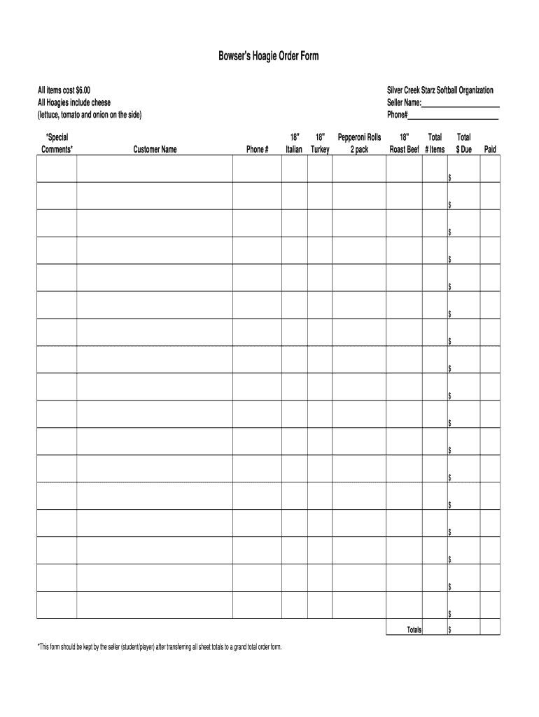 Marianna Hoagies Order Form - Fill Online, Printable, Fillable  Within Blank Fundraiser Order Form Template