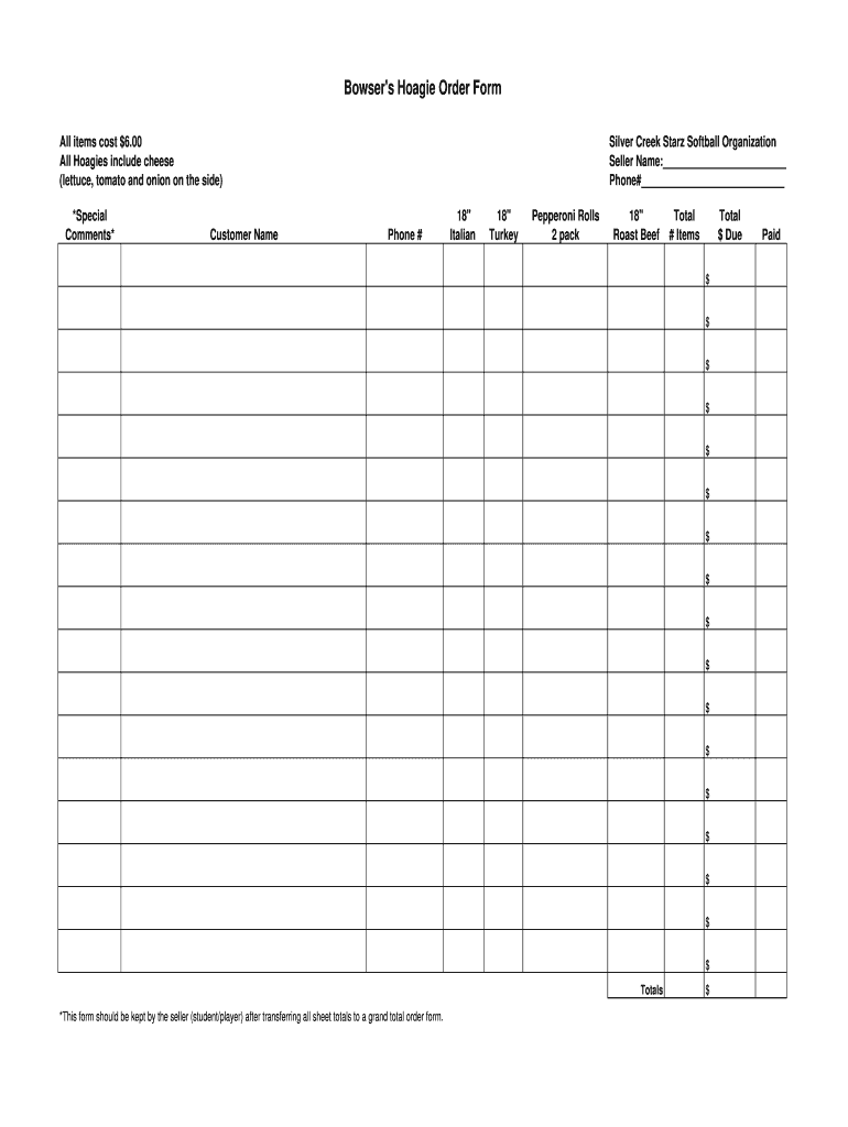 Marianna Hoagies Order Form – Fill Online, Printable, Fillable  Within Blank Fundraiser Order Form Template