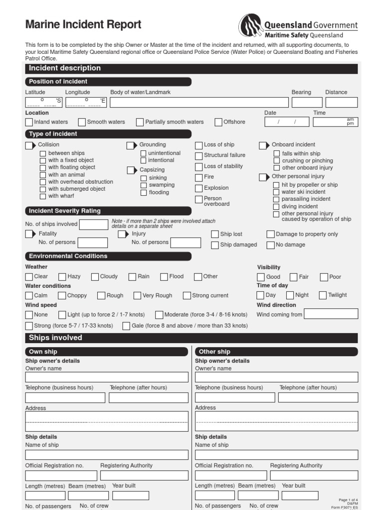 Marine Incident Report Form  PDF  Ships  Boats Throughout Incident Report Form Template Qld
