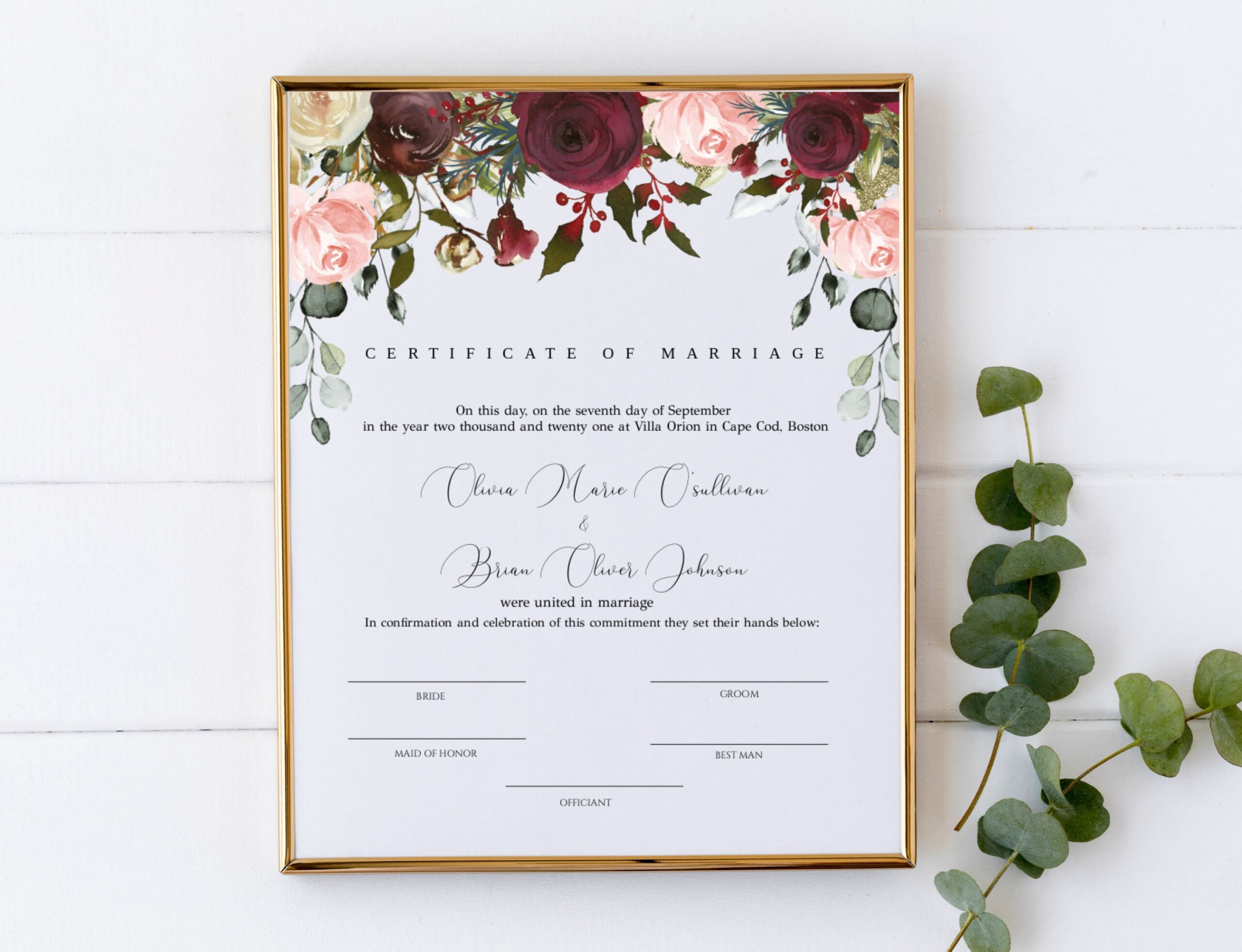 Marriage Certificate Template Burgundy and blush floral - Etsy