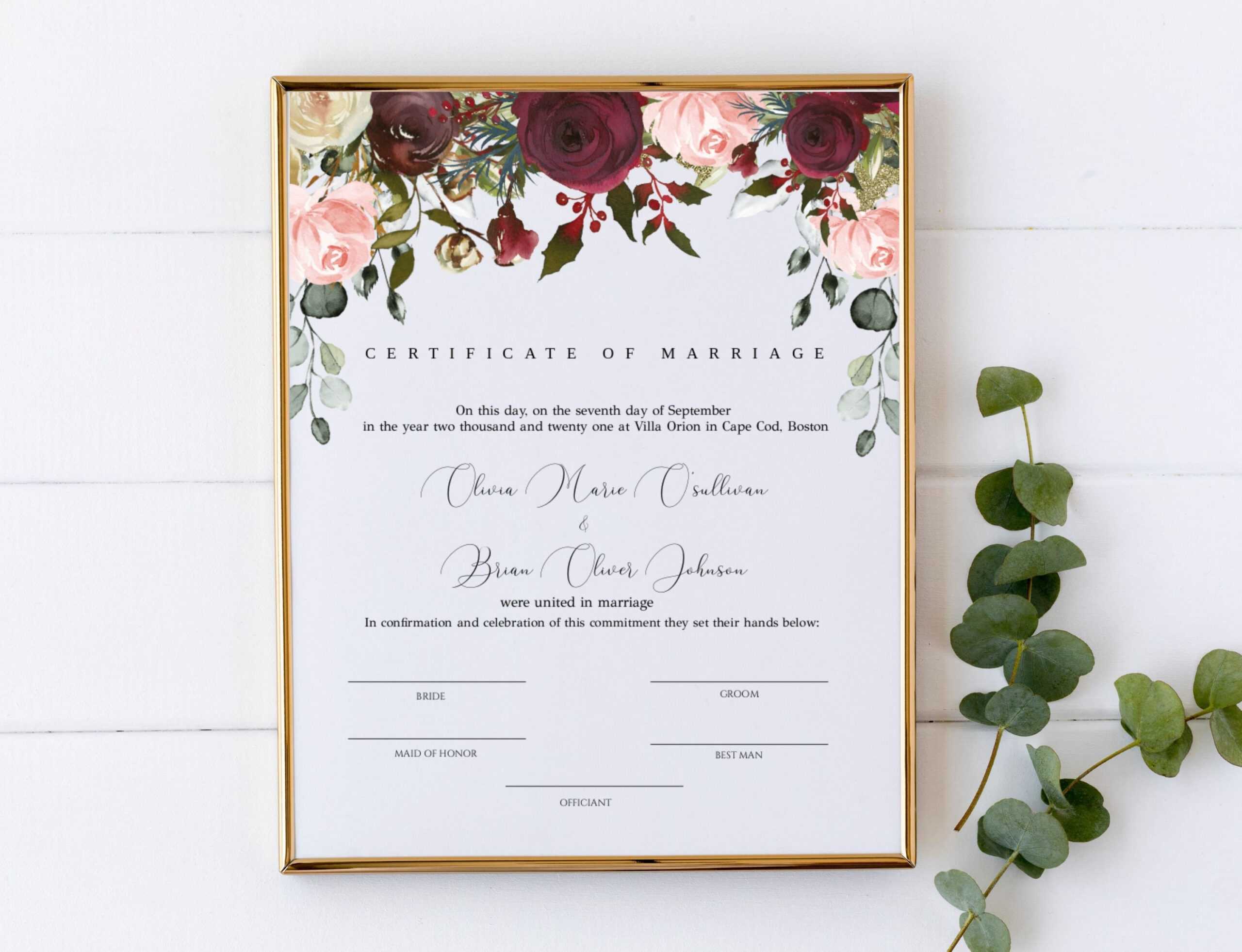 Marriage Certificate Template Burgundy And Blush Floral – Etsy