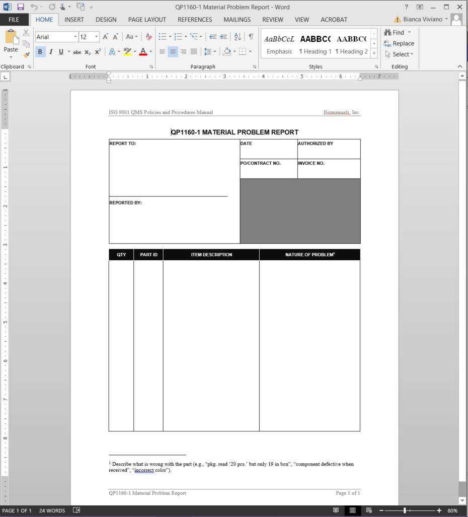 Material Problem Report ISO Template