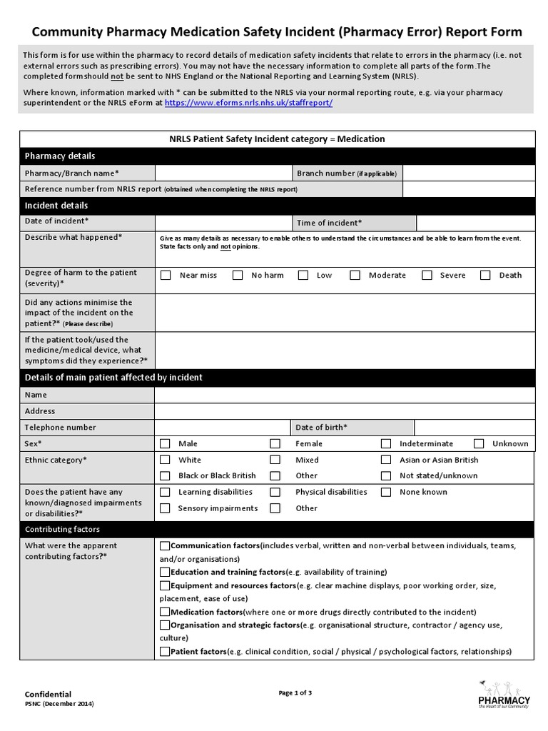 Medication Safety Incident Report Form Pharmacy Error EForm  PDF  With Regard To Medication Incident Report Form Template