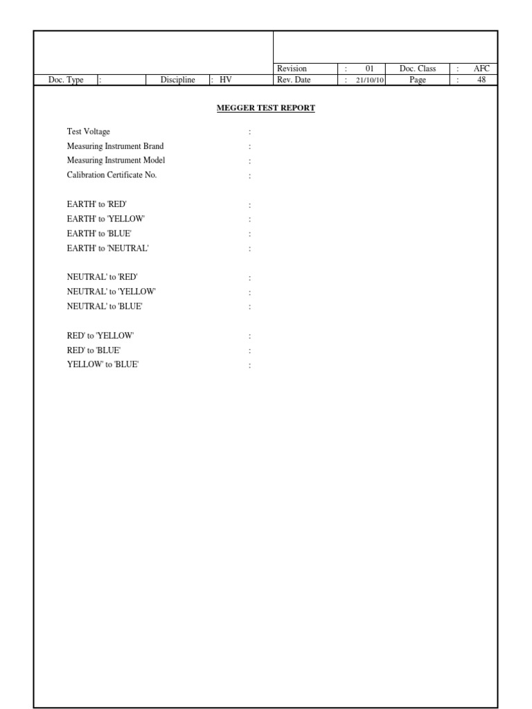 Megger Test Report Form  PDF  Electricity  Equipment Pertaining To Megger Test Report Template