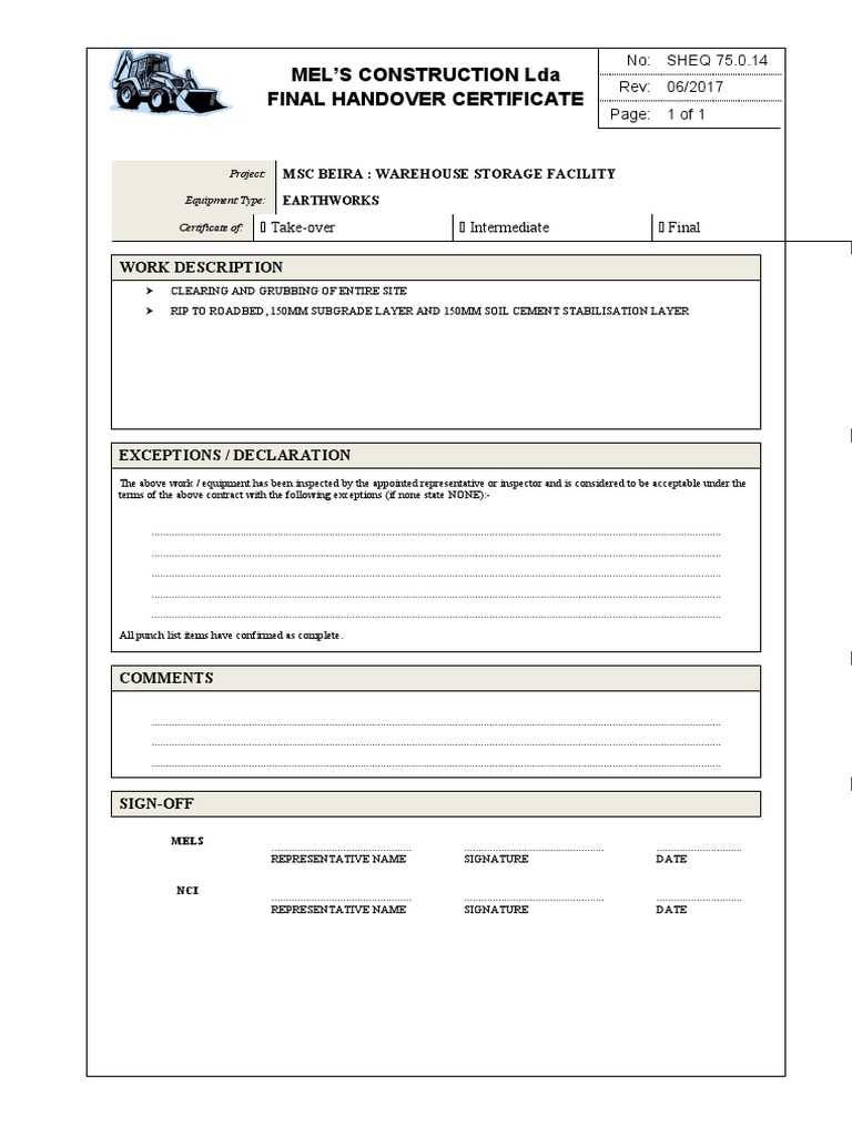 Mel'S Construction Lda Final Handover Certificate: Work