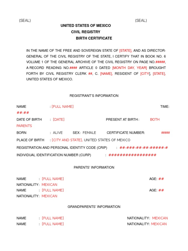 Mexican NL Birth Certificate Translation  PDF  Birth Certificate  Intended For Mexican Marriage Certificate Translation Template