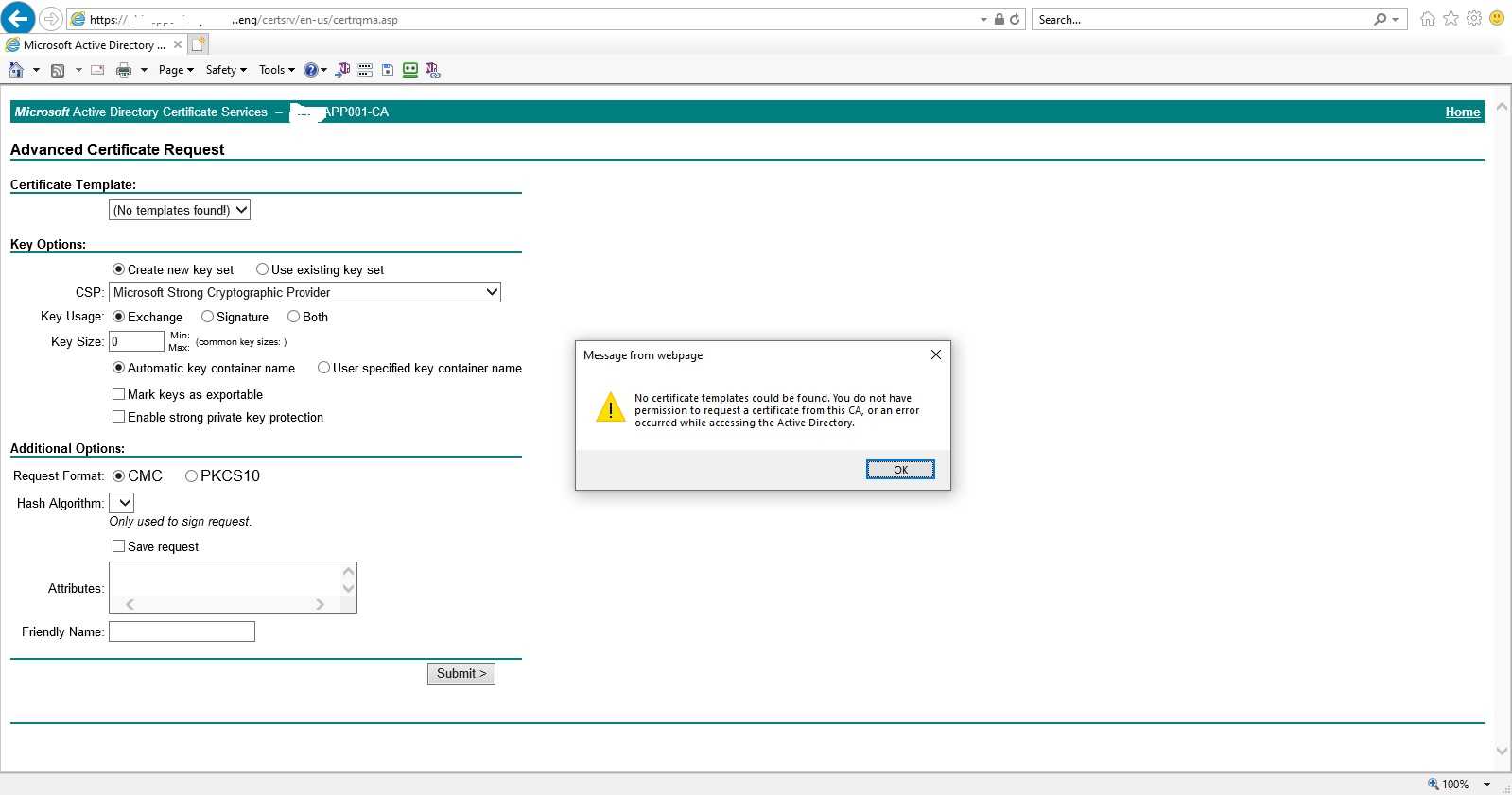Microsoft CA - Web enrollment permissions issue Microsoft CA - Web enrollment permissions issue