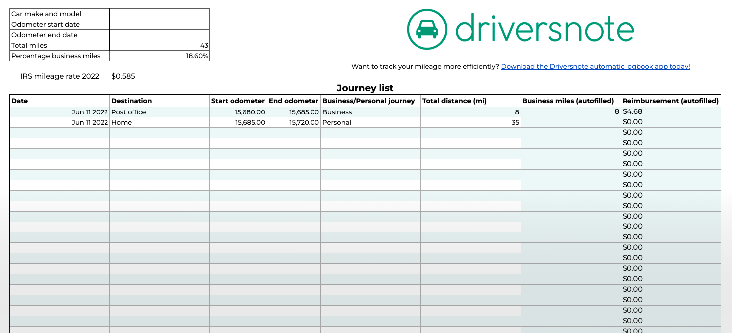 Mileage Log Template – Free Excel & PDF Versions, IRS Compliant In Gas Mileage Expense Report Template
