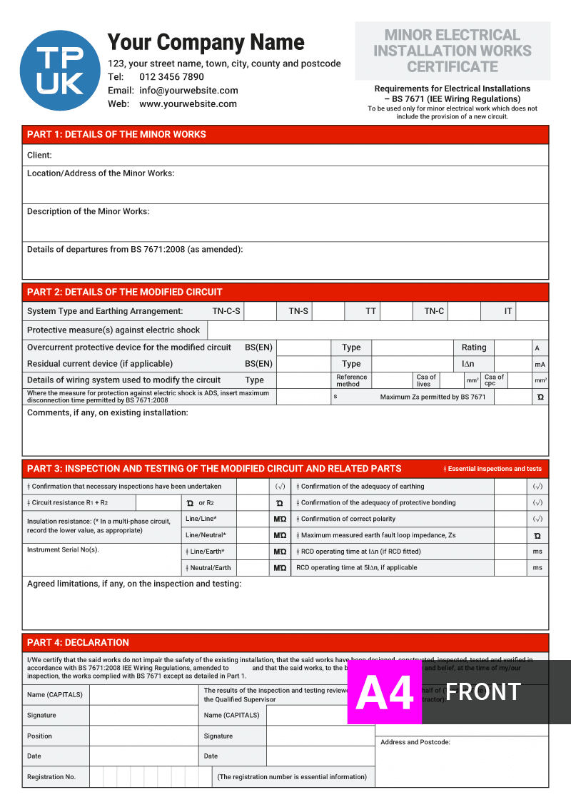 Minor Electrical Installation Work Certificate Template For Print  Intended For Electrical Isolation Certificate Template