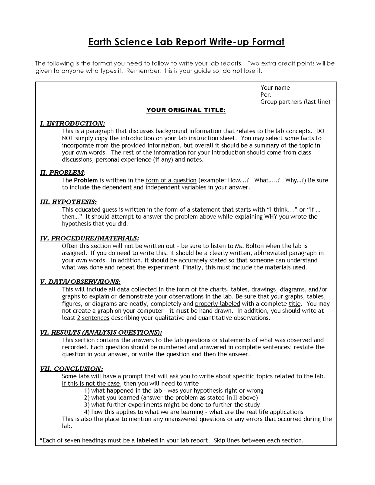 Miss Durant's Science Class: Lab Report Template for conclusion