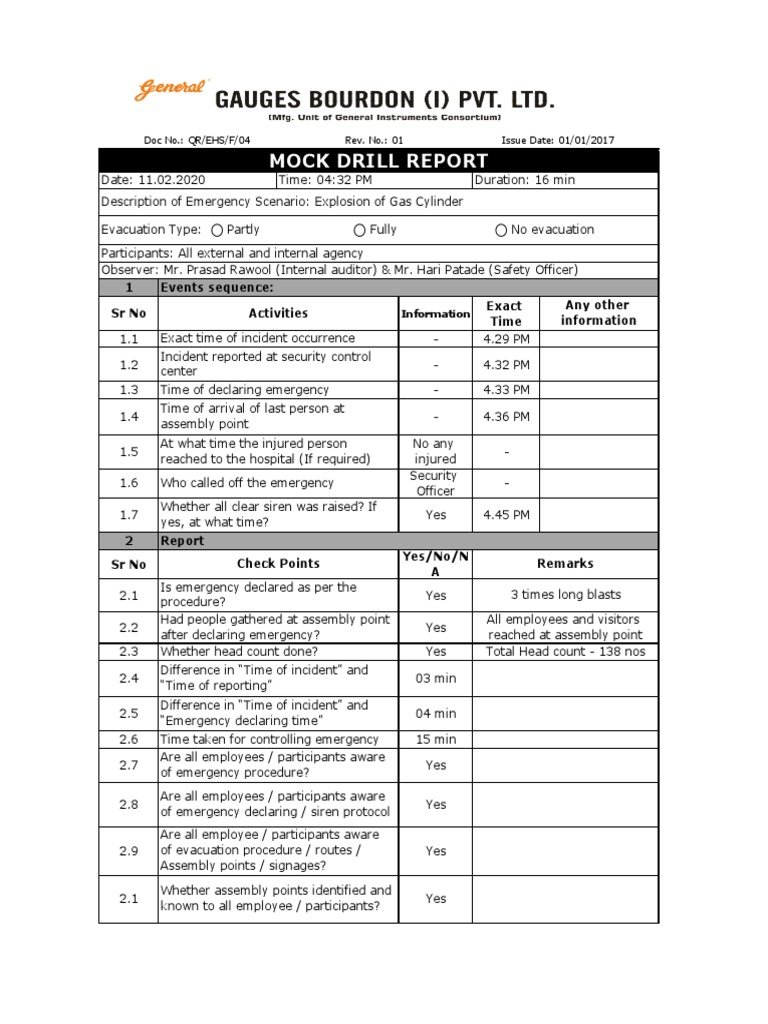 Mock Drill Report 10  PDF  Emergency  First Aid Inside Emergency Drill Report Template
