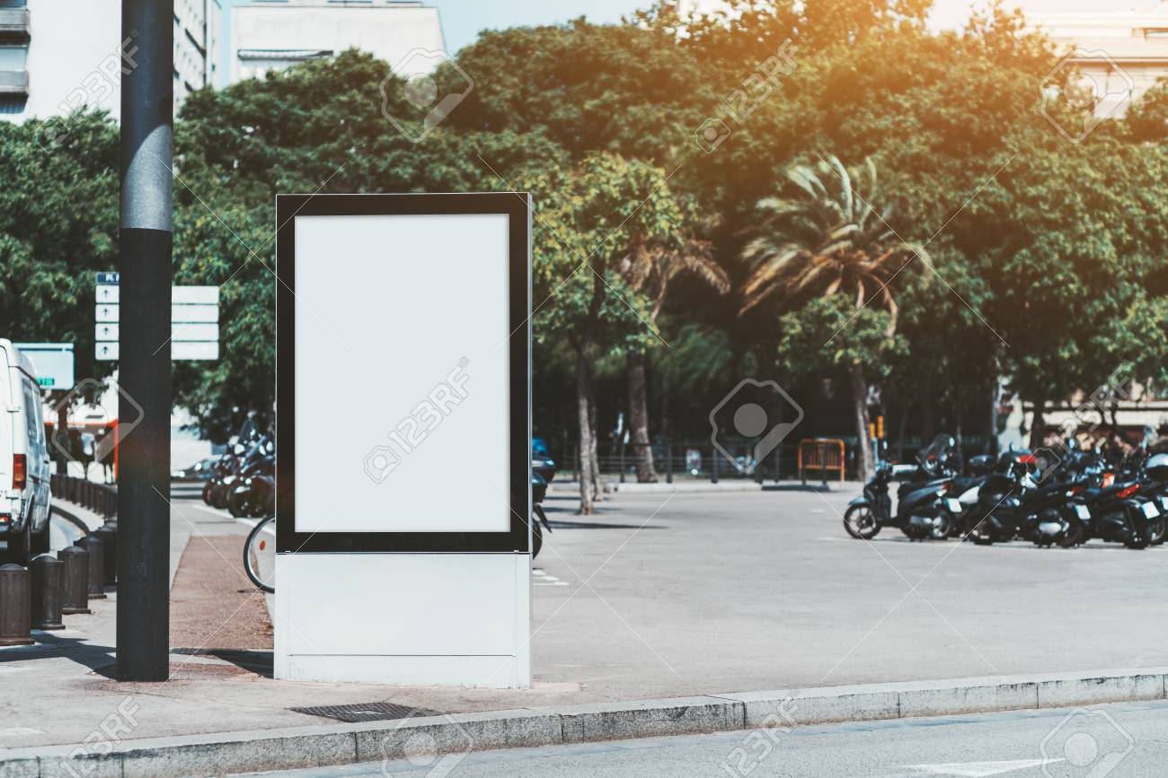 Mockup Of The Blank Information Poster In Urban Settings; An Empty  Within Street Banner Template