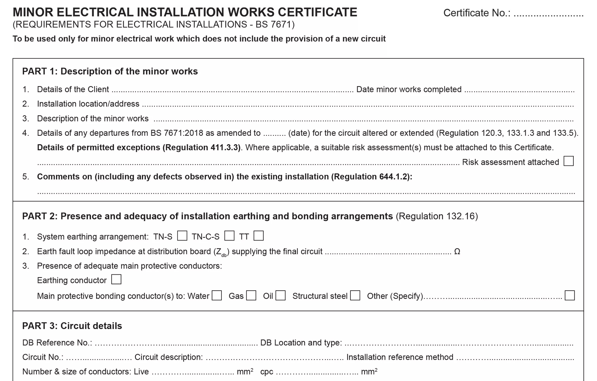 Model Forms For Minor Electrical Installation Works Certificate Template