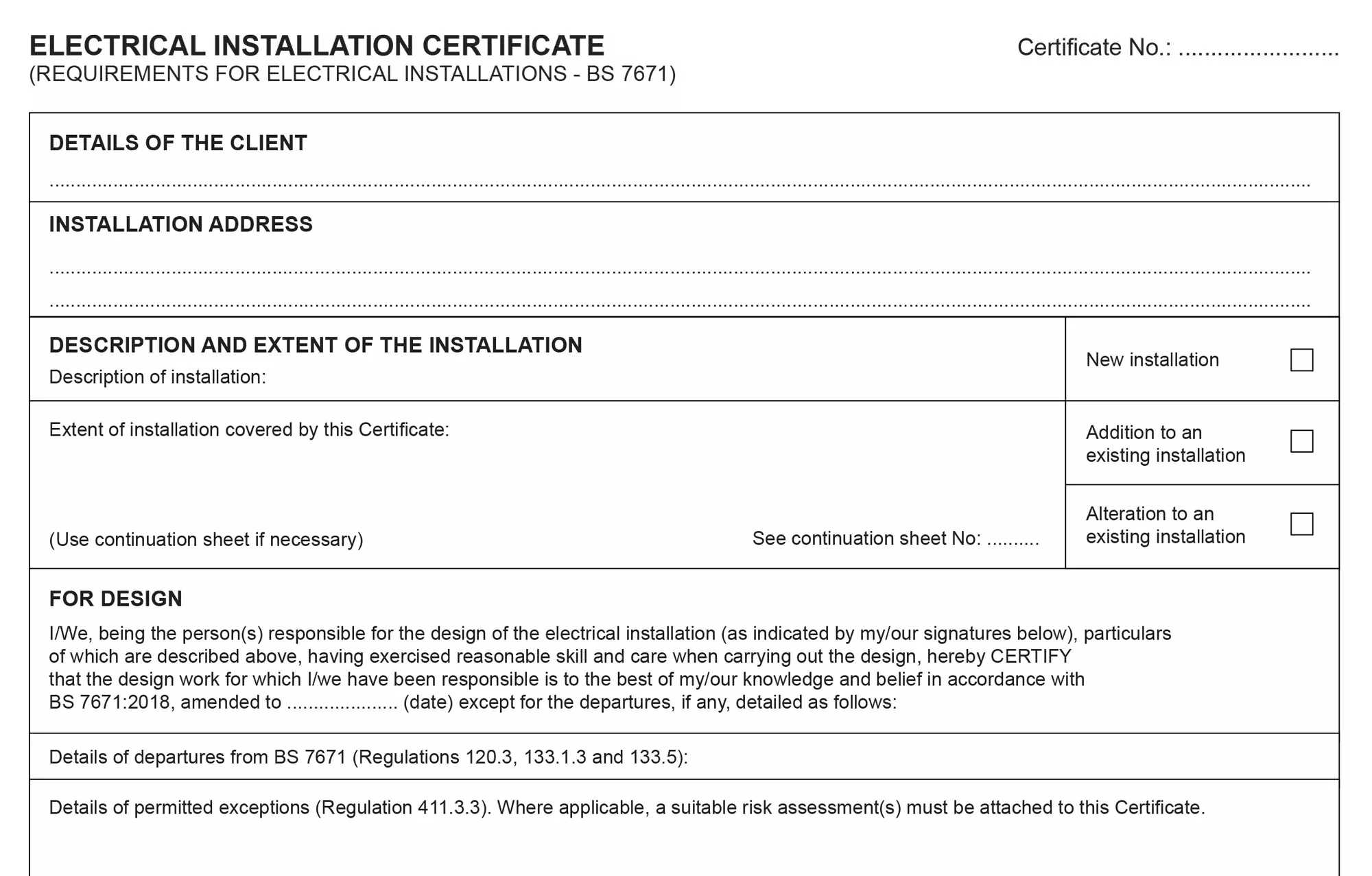 Model Forms With Regard To Minor Electrical Installation Works Certificate Template