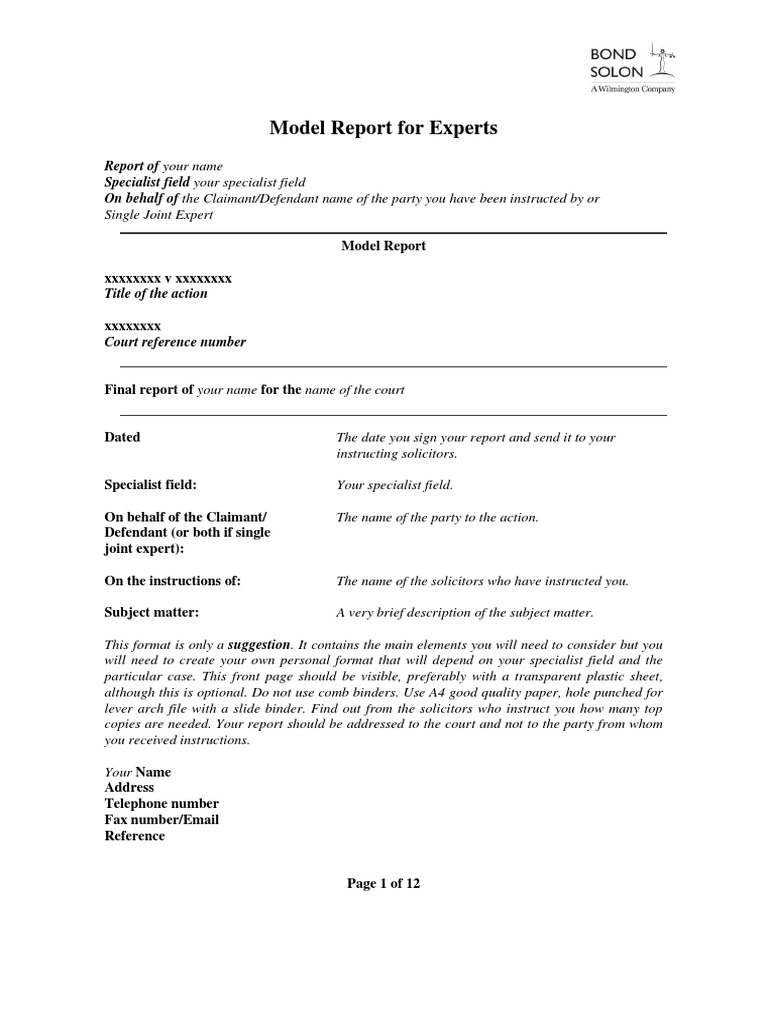 Model Report For Experts  PDF  Expert Witness  Opinion Throughout Expert Witness Report Template
