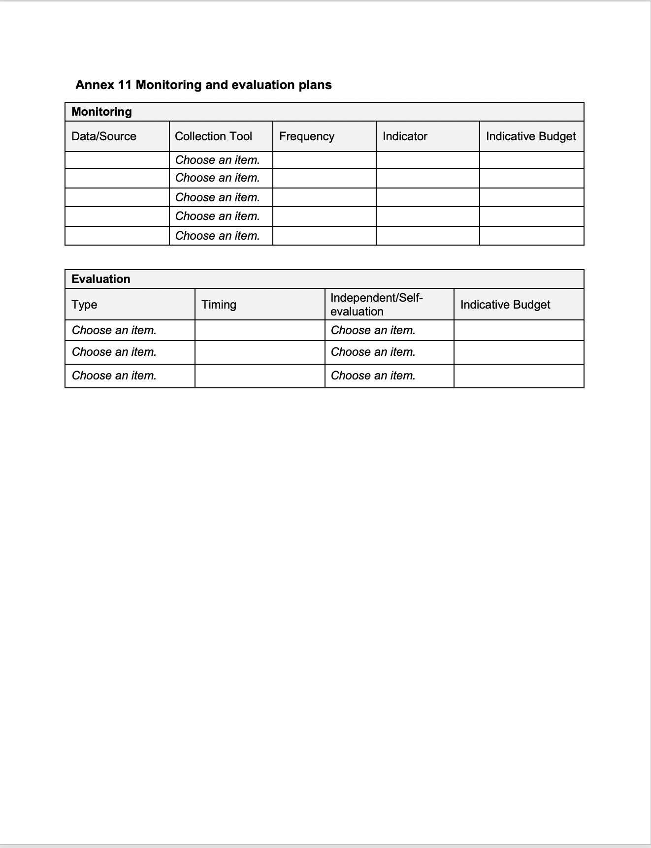 Monitoring And Evaluation Plan: Annex 10 To Funding Proposals  Within Monitoring And Evaluation Report Template