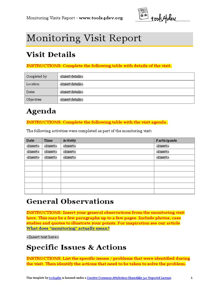 Monitoring Visit Report Template  PDF  Business